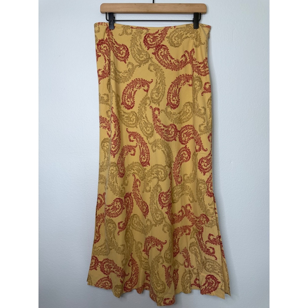 Vintage 90's - 100% Silk Paisley Maxi Slip Skirt Dual Slits Size 12